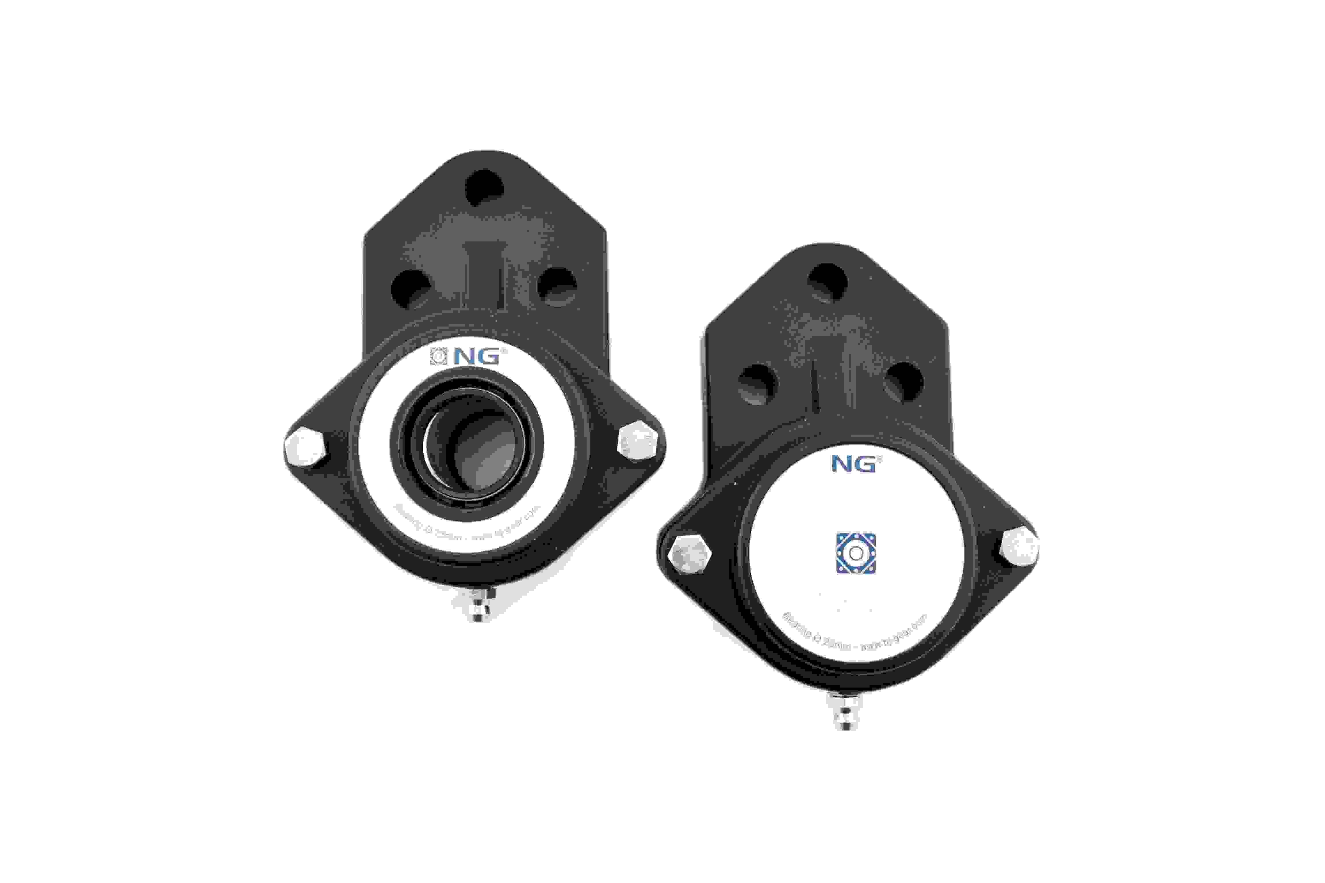 Two F3 3-bolt flange bearings  with open and closed covers on transparent background