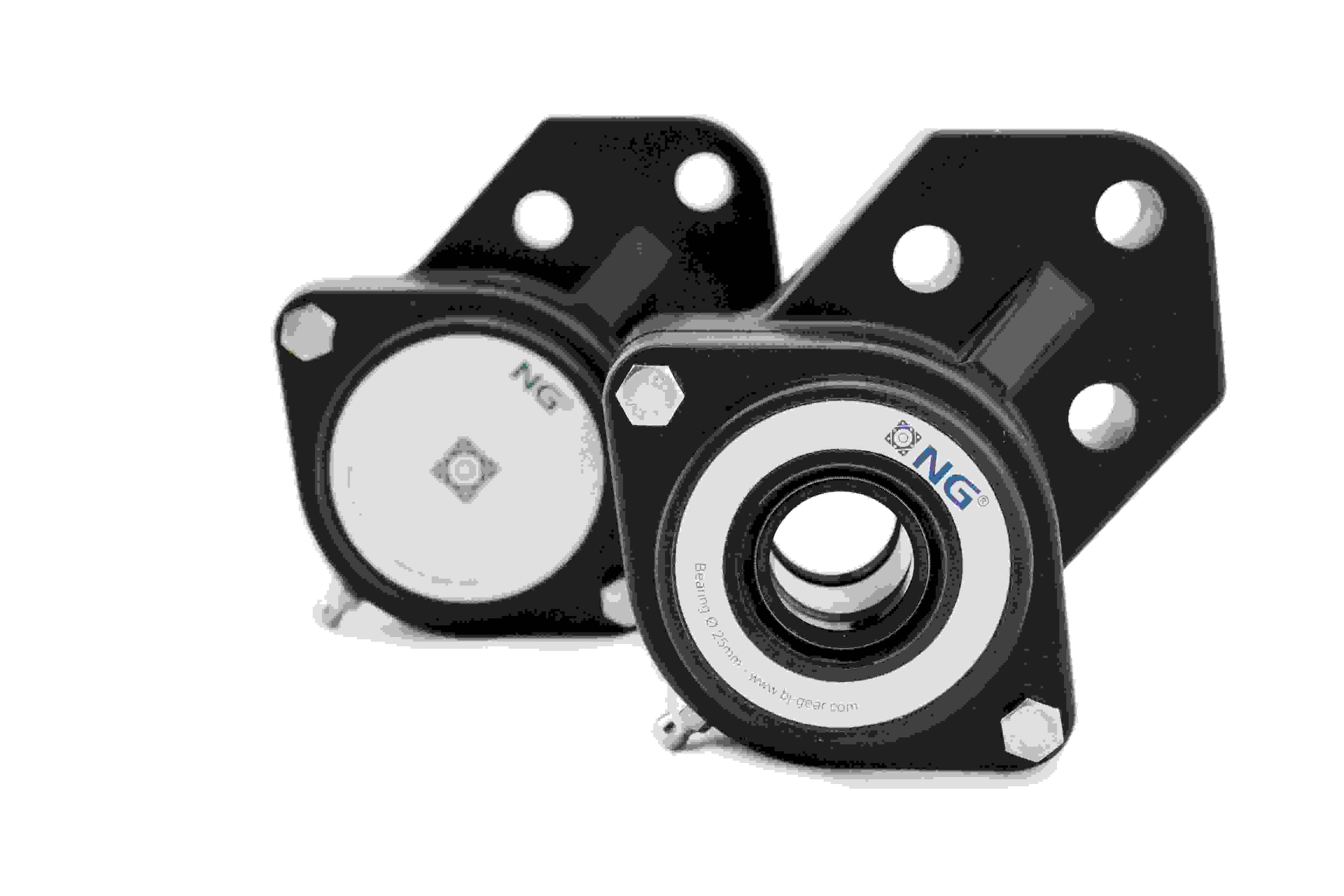 Two F3 3-bolt flange bearings with open and closed covers on transparent background